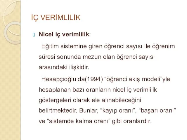 İÇ VERİMLİLİK Nicel iç verimlilik: Eğitim sistemine giren öğrenci sayısı