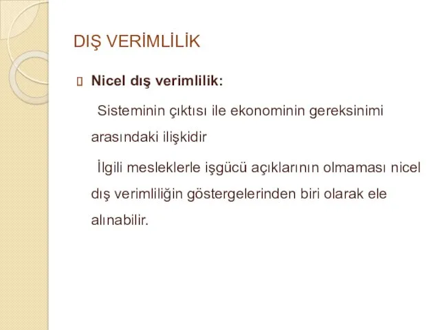 DIŞ VERİMLİLİK Nicel dış verimlilik: Sisteminin çıktısı ile ekonominin gereksinimi