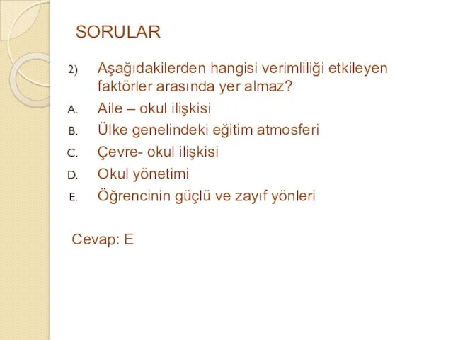 SORULAR Aşağıdakilerden hangisi verimliliği etkileyen faktörler arasında yer almaz? Aile