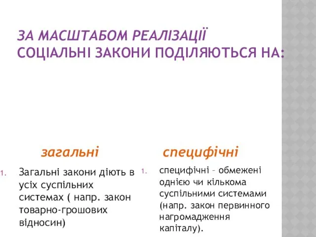 ЗА МАСШТАБОМ РЕАЛІЗАЦІЇ СОЦІАЛЬНІ ЗАКОНИ ПОДІЛЯЮТЬСЯ НА: загальні специфічні Загальні