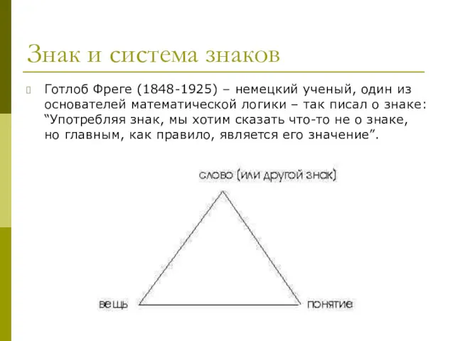 Знак и система знаков Готлоб Фреге (1848-1925) – немецкий ученый, один из основателей