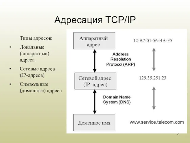 Адресация TCP/IP Типы адресов: Локальные (аппаратные) адреса Сетевые адреса (IP-адреса) Символьные (доменные) адреса
