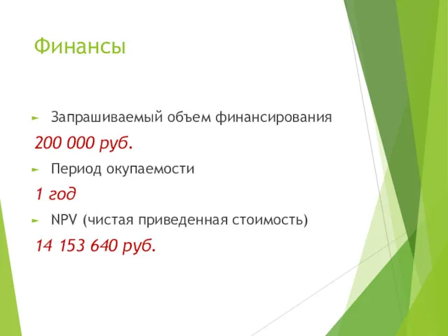 Финансы Запрашиваемый объем финансирования 200 000 руб. Период окупаемости 1 год NPV (чистая