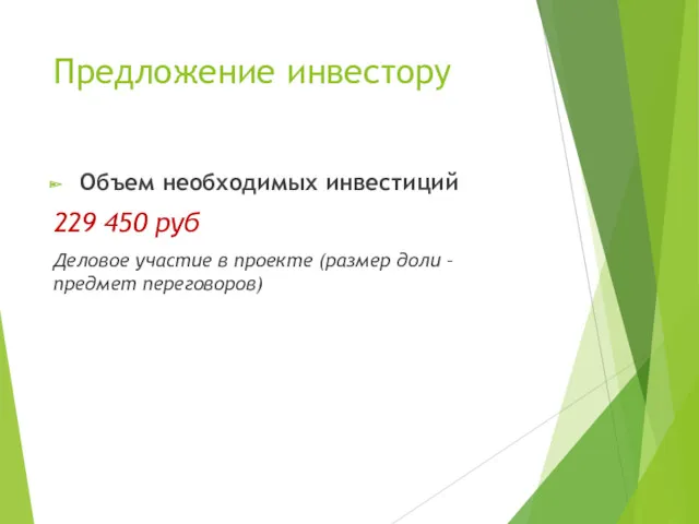 Предложение инвестору Объем необходимых инвестиций 229 450 руб Деловое участие в проекте (размер