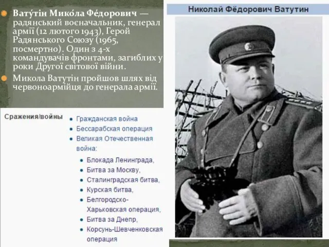 Вату́тін Мико́ла Фе́дорович — радянський воєначальник, генерал армії (12 лютого