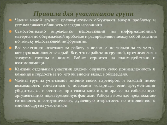 Члены малой группы предварительно обсуждают микро проблему и устанавливают общность