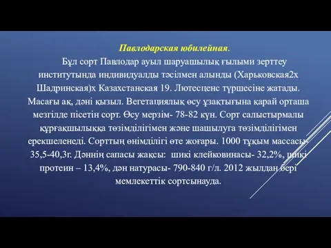 Павлодарская юбилейная. Бұл сорт Павлодар ауыл шаруашылық ғылыми зерттеу институтында