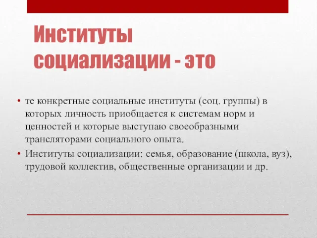 Институты социализации - это те конкретные социальные институты (соц. группы)