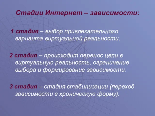 Стадии Интернет – зависимости: 1 стадия – выбор привлекательного варианта