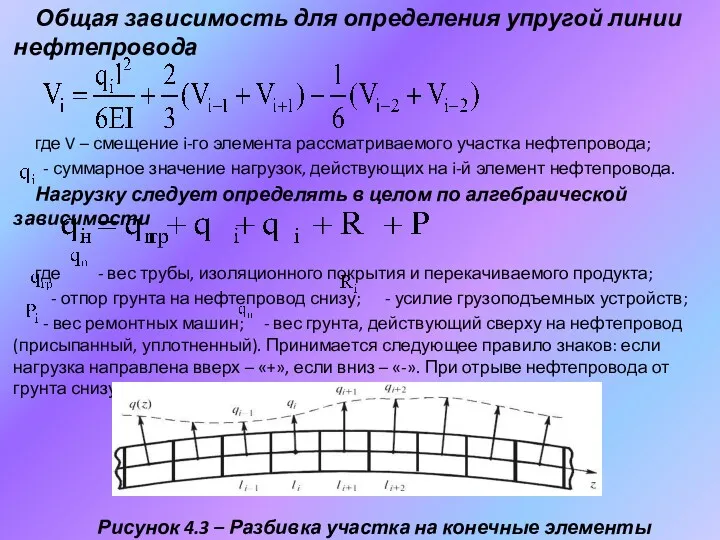 Общая зависимость для определения упругой линии нефтепровода где V – смещение i-го элемента