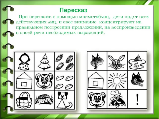 Пересказ При пересказе с помощью мнемотаблиц, дети видят всех действующих