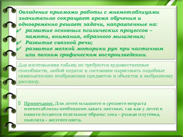 Овладение приемами работы с мнемотаблицами значительно сокращает время обучения и