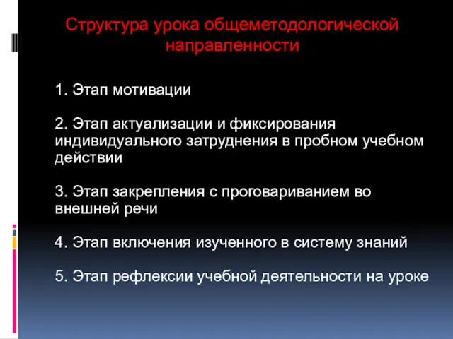 Структура урока общеметодологической направленности 1. Этап мотивации 2. Этап актуализации