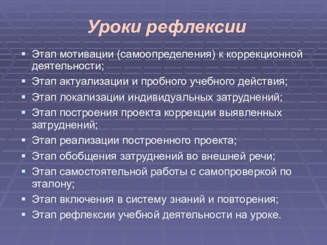 Уроки рефлексии Этап мотивации (самоопределения) к коррекционной деятельности; Этап актуализации