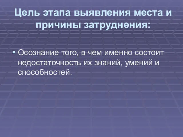 Цель этапа выявления места и причины затруднения: Осознание того, в