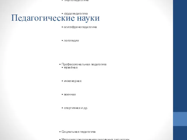 Педагогические науки Педагогика Специальная педагогика тифлопедагогика сурдопедагогика олигофренопедагогика логопедия Профессиональная