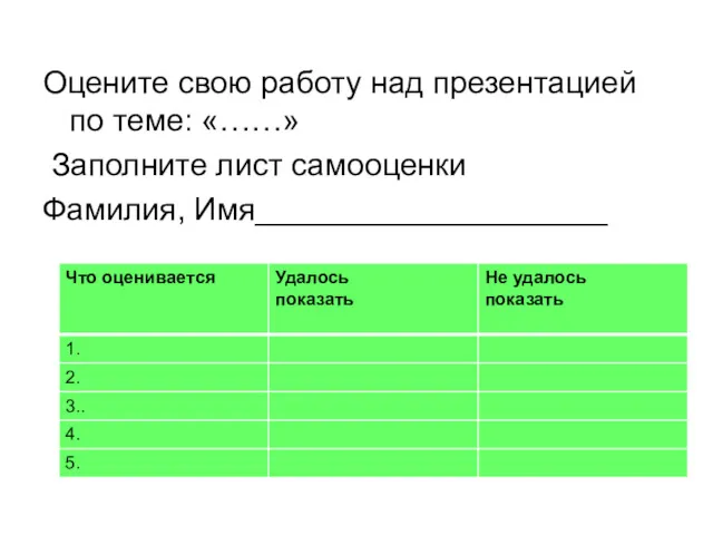 Оцените свою работу над презентацией по теме: «……» Заполните лист самооценки Фамилия, Имя____________________