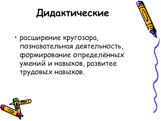 Дидактические расширение кругозора, познавательная деятельность, формирование определённых умений и навыков, развитее трудовых навыков.