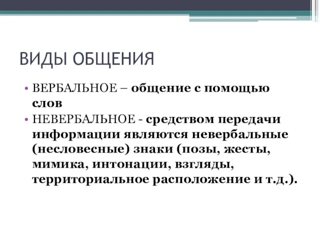 ВИДЫ ОБЩЕНИЯ ВЕРБАЛЬНОЕ – общение с помощью слов НЕВЕРБАЛЬНОЕ -