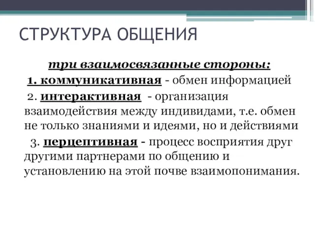 СТРУКТУРА ОБЩЕНИЯ три взаимосвязанные стороны: 1. коммуникативная - обмен информацией