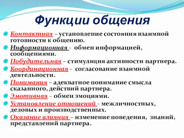 Функции общения Контактная – установление состояния взаимной готовности к общению.