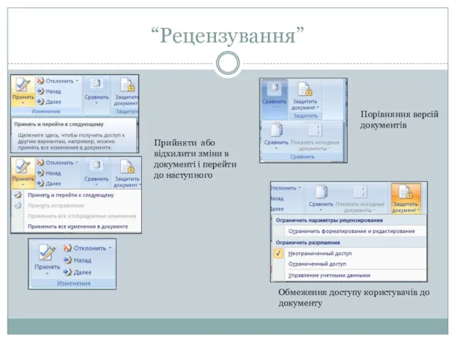 “Рецензування” Порівняння версій документів Обмеження доступу користувачів до документу Прийняти