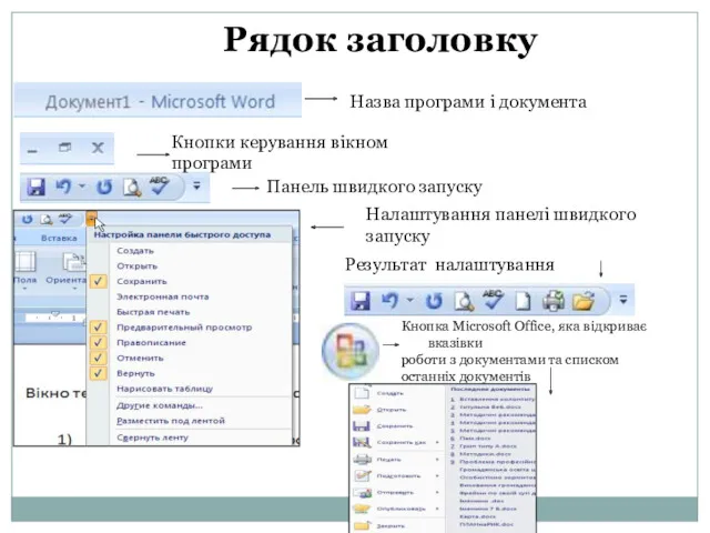 Рядок заголовку Назва програми і документа Кнопки керування вікном програми
