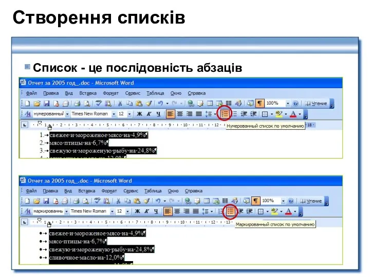 Створення списків Список - це послідовність абзаців