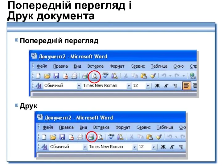 Попередній перегляд і Друк документа Попередній перегляд Друк