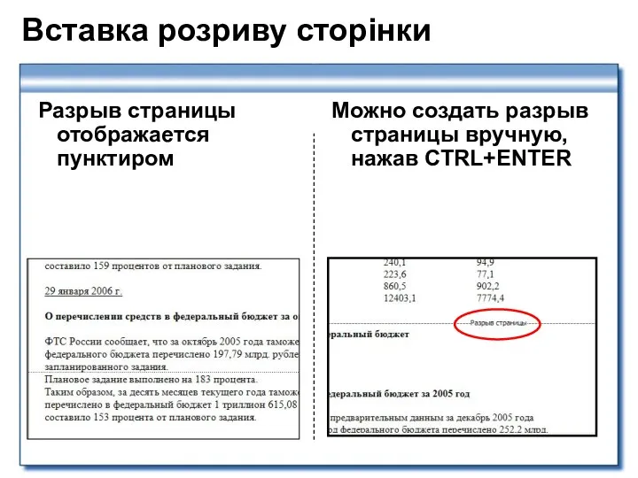 Вставка розриву сторінки Разрыв страницы отображается пунктиром Можно создать разрыв страницы вручную, нажав CTRL+ENTER