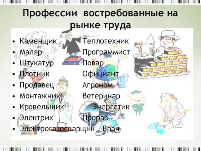 Профессии востребованные на рынке труда Каменщик Теплотехник Маляр Программист Штукатур