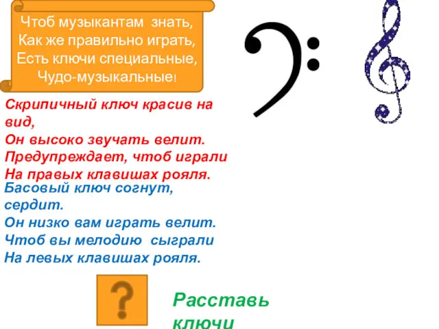 Чтоб музыкантам знать, Как же правильно играть, Есть ключи специальные,