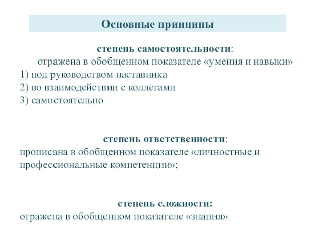 Основные принципы степень самостоятельности: отражена в обобщенном показателе «умения и