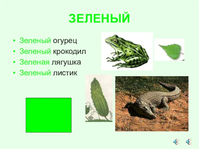 ЗЕЛЕНЫЙ Зеленый огурец Зеленый крокодил Зеленая лягушка Зеленый листик