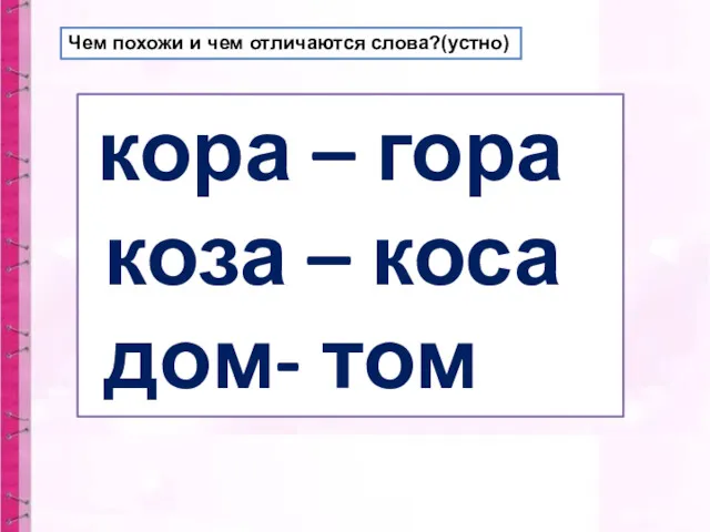 Чем похожи и чем отличаются слова?(устно) кора – гора коза – коса дом- том