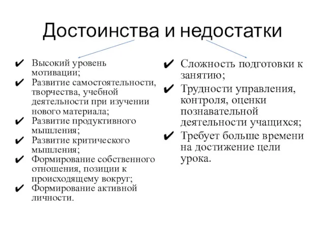 Достоинства и недостатки Высокий уровень мотивации; Развитие самостоятельности, творчества, учебной