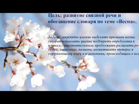 Цель: развитие связной речи и обогащение словаря по теме «Весна».