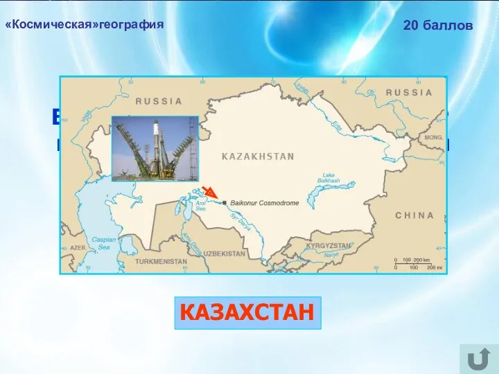 «Космическая»география 20 баллов В какой бывшей республике СССР находится российский космодром «Байконур»? КАЗАХСТАН