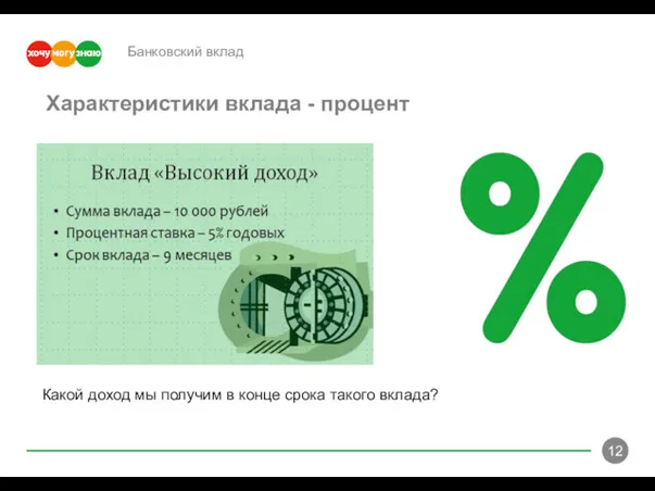 Банковский вклад Какой доход мы получим в конце срока такого вклада? Характеристики вклада - процент