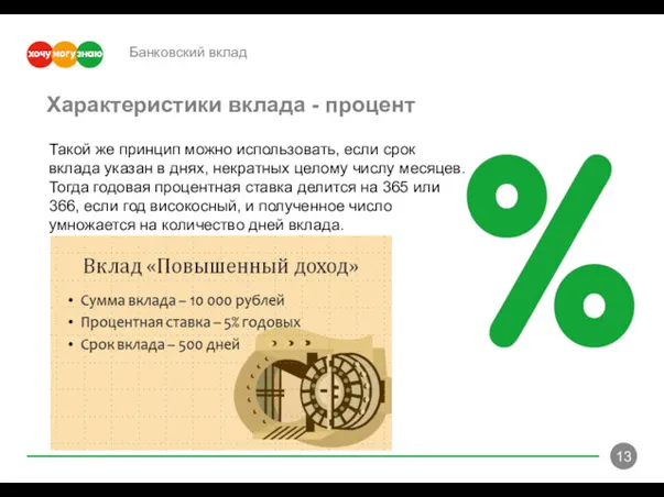 Банковский вклад Характеристики вклада - процент Такой же принцип можно