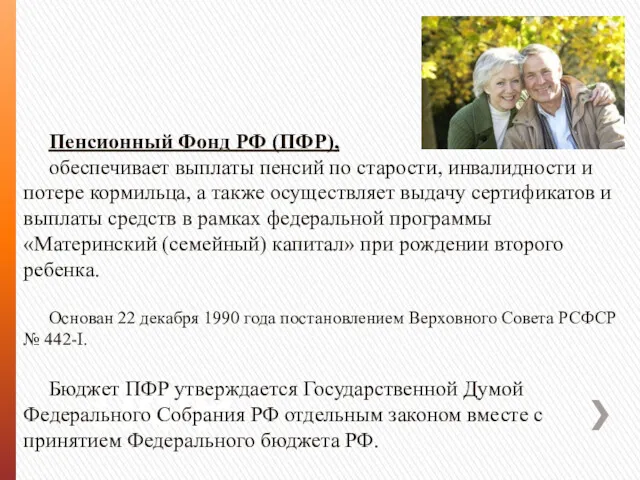 ПФР Пенсионный Фонд РФ (ПФР), обеспечивает выплаты пенсий по старости, инвалидности и потере