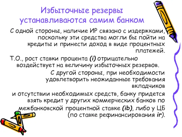 Избыточные резервы устанавливаются самим банком С одной стороны, наличие ИР