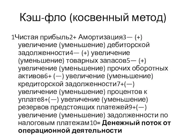 Кэш-фло (косвенный метод) 1Чистая прибыль2+ Амортизация3— (+) увеличение (уменьшение) дебиторской