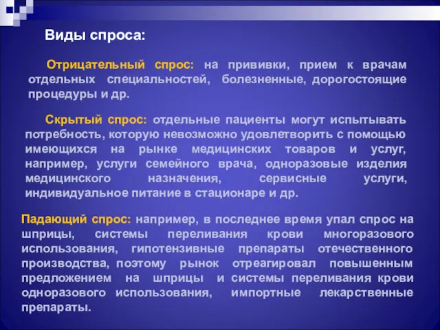 Виды спроса: Отрицательный спрос: на прививки, прием к врачам отдельных