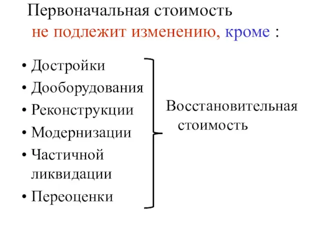 Первоначальная стоимость не подлежит изменению, кроме : Достройки Дооборудования Реконструкции Модернизации Частичной ликвидации Переоценки Восстановительная стоимость