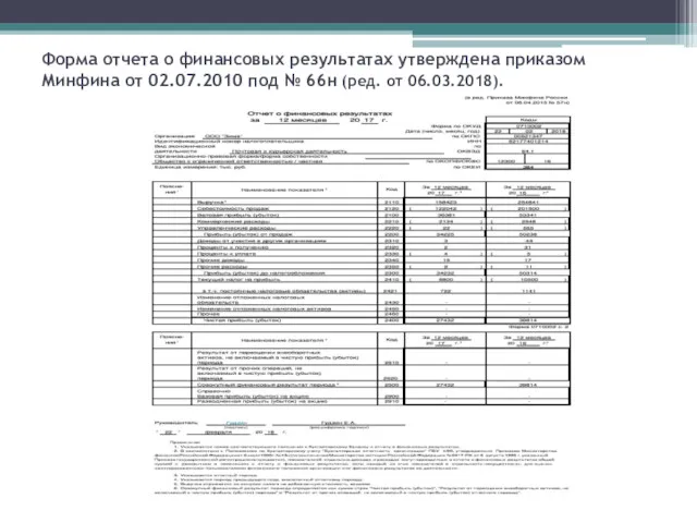 Форма отчета о финансовых результатах утверждена приказом Минфина от 02.07.2010 под № 66н (ред. от 06.03.2018).