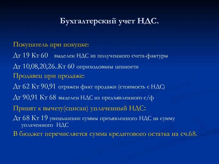 Бухгалтерский учет НДС. Покупатель при покупке: Дт 19 Кт 60