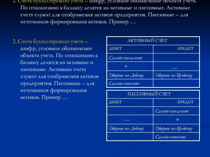 2. Счета бухгалтерского учета – шифр, условное обозначение объекта учета.