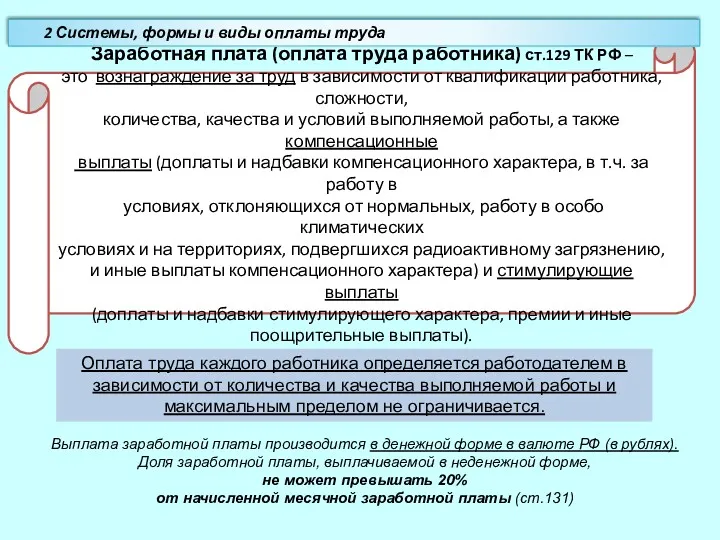 Заработная плата (оплата труда работника) ст.129 ТК РФ – это вознаграждение за труд