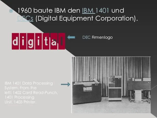 1960 baute IBM den IBM 1401 und DECs (Digital Equipment Corporation). IBM 1401